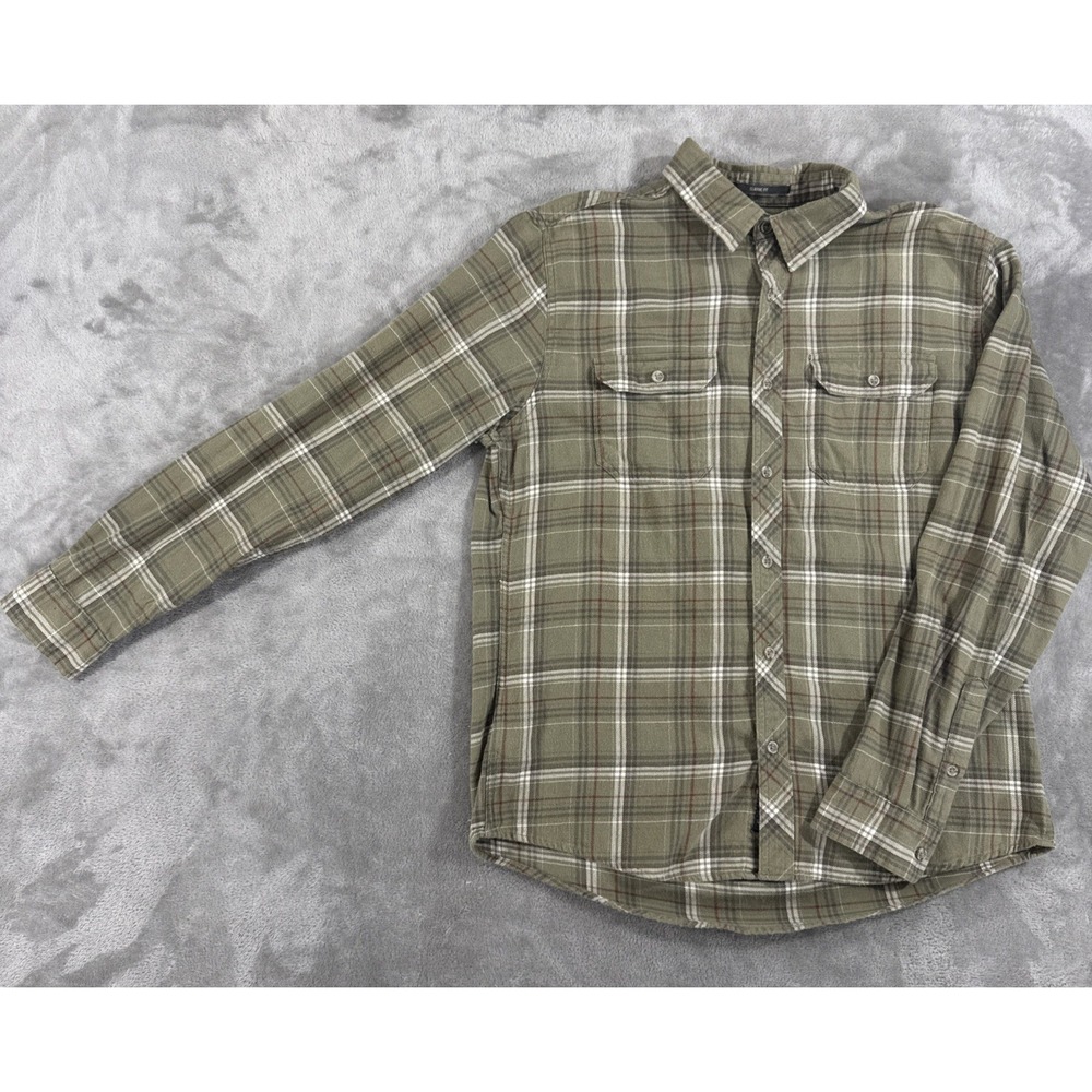Eddie Bauer Shirt Mens L Flannel Workwear Button Down Green Plaid Pleated Dad